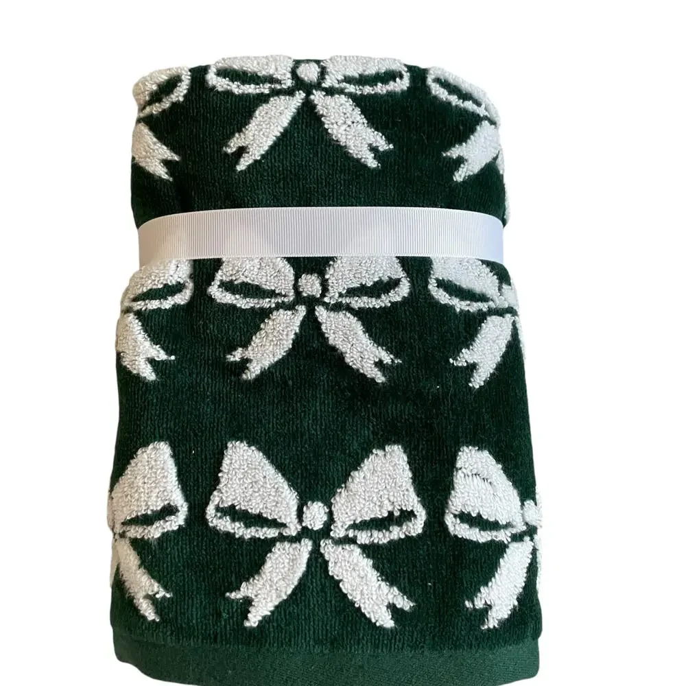 Caro Home CHRISTMAS BOW Hand Towels Set of 2 Green & White Holiday Decor